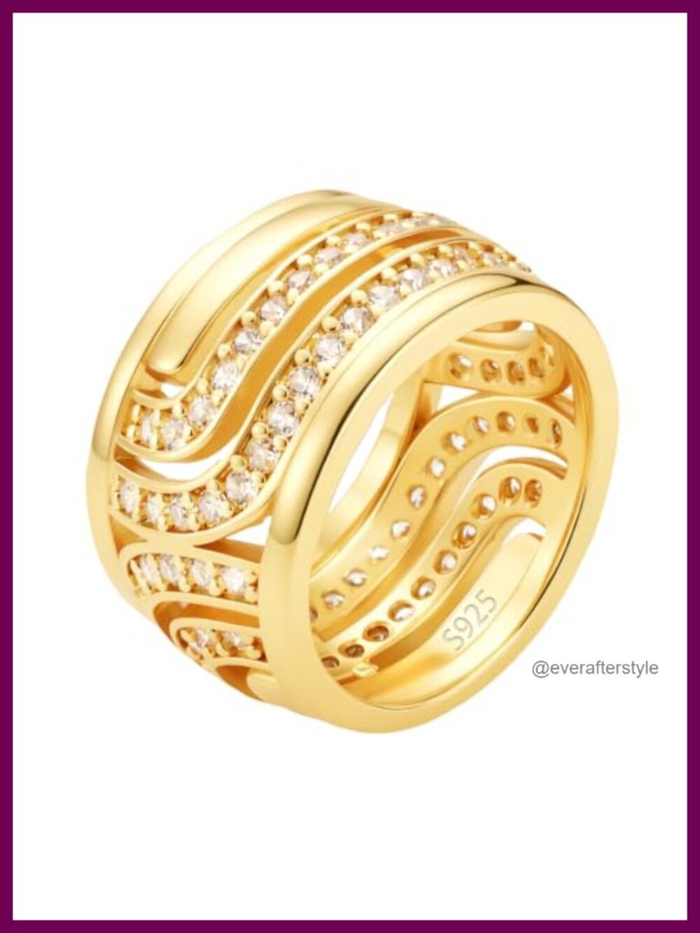 14K Gold Plated Sterling Silver Wide Multi-Row CZ Statement Ring